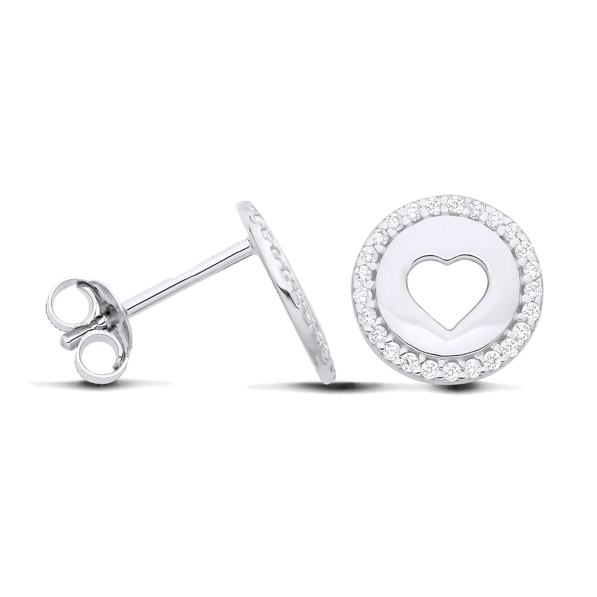 Sterling silver stud earrings with a cubic zirconia heart cutout halo, shown in front and side views.