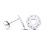Sterling silver stud earrings with a cubic zirconia heart cutout halo, shown in front and side views.