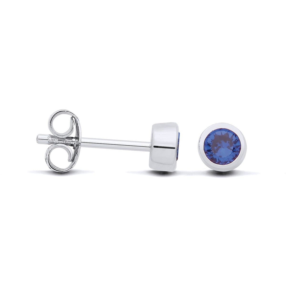 Silversmiths sterling silver stud earrings with faceted simulated sapphire bezel, shown front and side on white background.