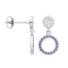 Sterling silver circle drop stud earrings with simulated sapphires and pavé sparkling accents.