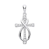 Silversmiths sterling silver infinity cross pendant with cubic zirconia displayed on a plain white background.