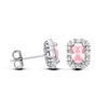 Front and side views of sterling silver stud earrings with simulated pink sapphires in a halo setting.