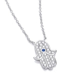 Sterling silver Hamsa hand necklace featuring simulated sapphire and cubic zirconia accents by Silversmiths.