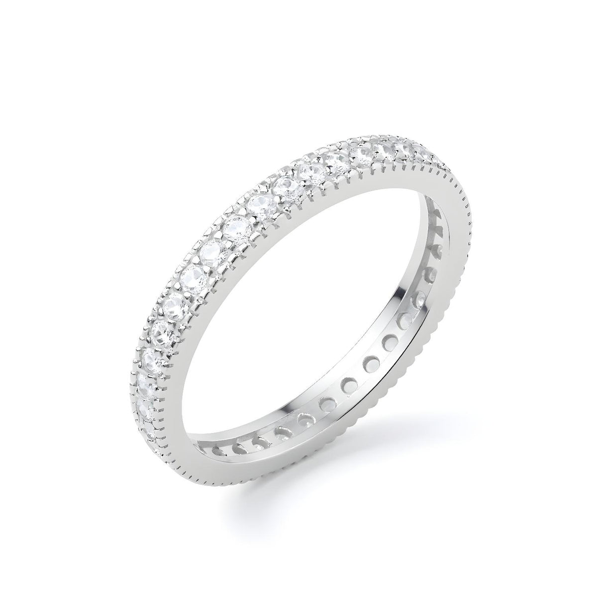 Sterling silver eternity ring featuring round cut CZ stones in two rows with fine milgrain edges.