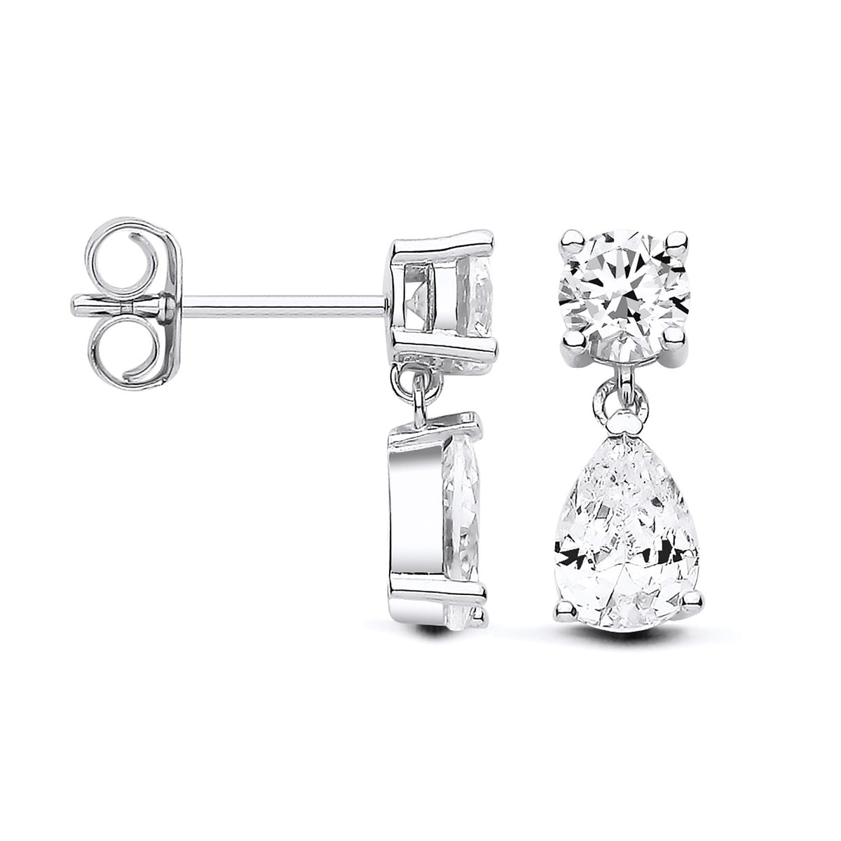 Sterling silver CZ drop earrings by Silversmiths, 14.3mm, with round and pear stones and secure stud backs.