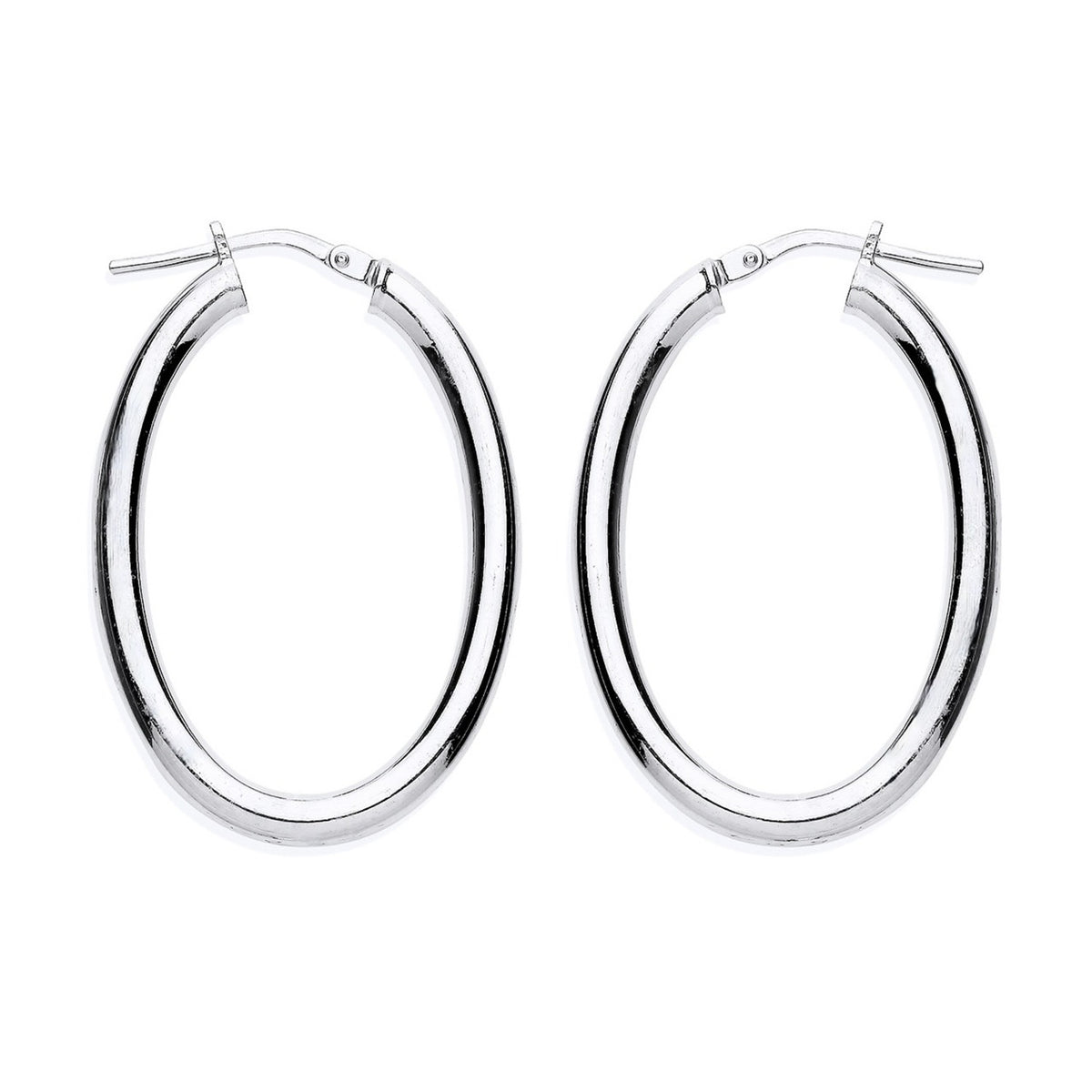Sterling silver oval hoop earrings by Silversmiths, 34.5mm with hinged clasps, displayed on a white background.