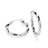 A pair of 25mm sterling silver diamond cut twist hoops, one flat and one upright, on a white background.