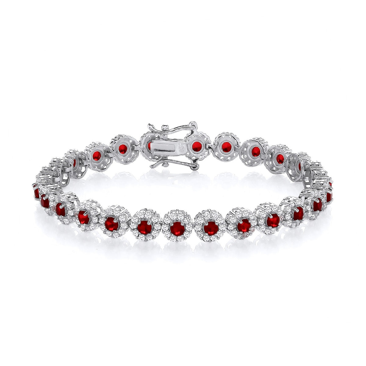 A sterling silver tennis bracelet with 6.5mm simulated ruby halo stones displayed on a white background.