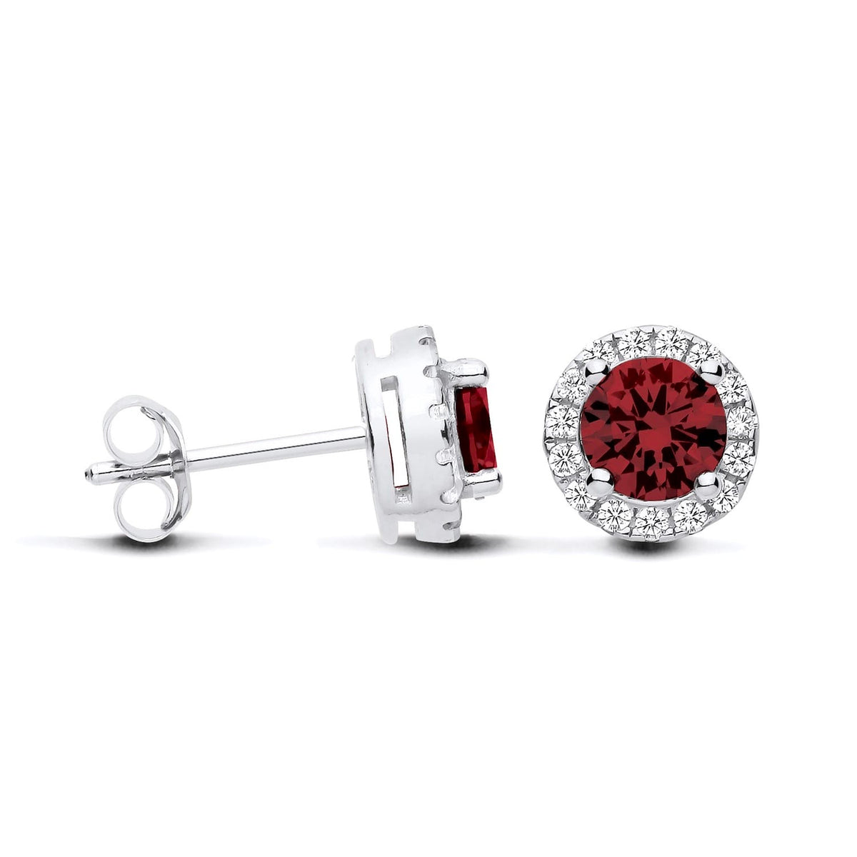 Sterling silver stud earrings with round simulated ruby centers and clear pavé stone halos.