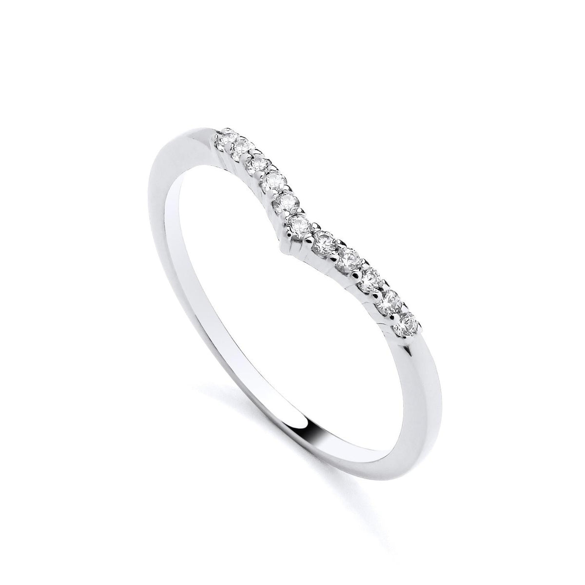 Sterling silver wishbone eternity ring by Silversmiths, featuring cubic zirconia on the top half of the band.