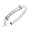 Sterling silver expanding baby bangle featuring a dolphin motif, shown on a smooth white background.