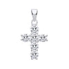 This sterling silver cross pendant has seven round cubic zirconia set in a simple, symmetrical pattern.
