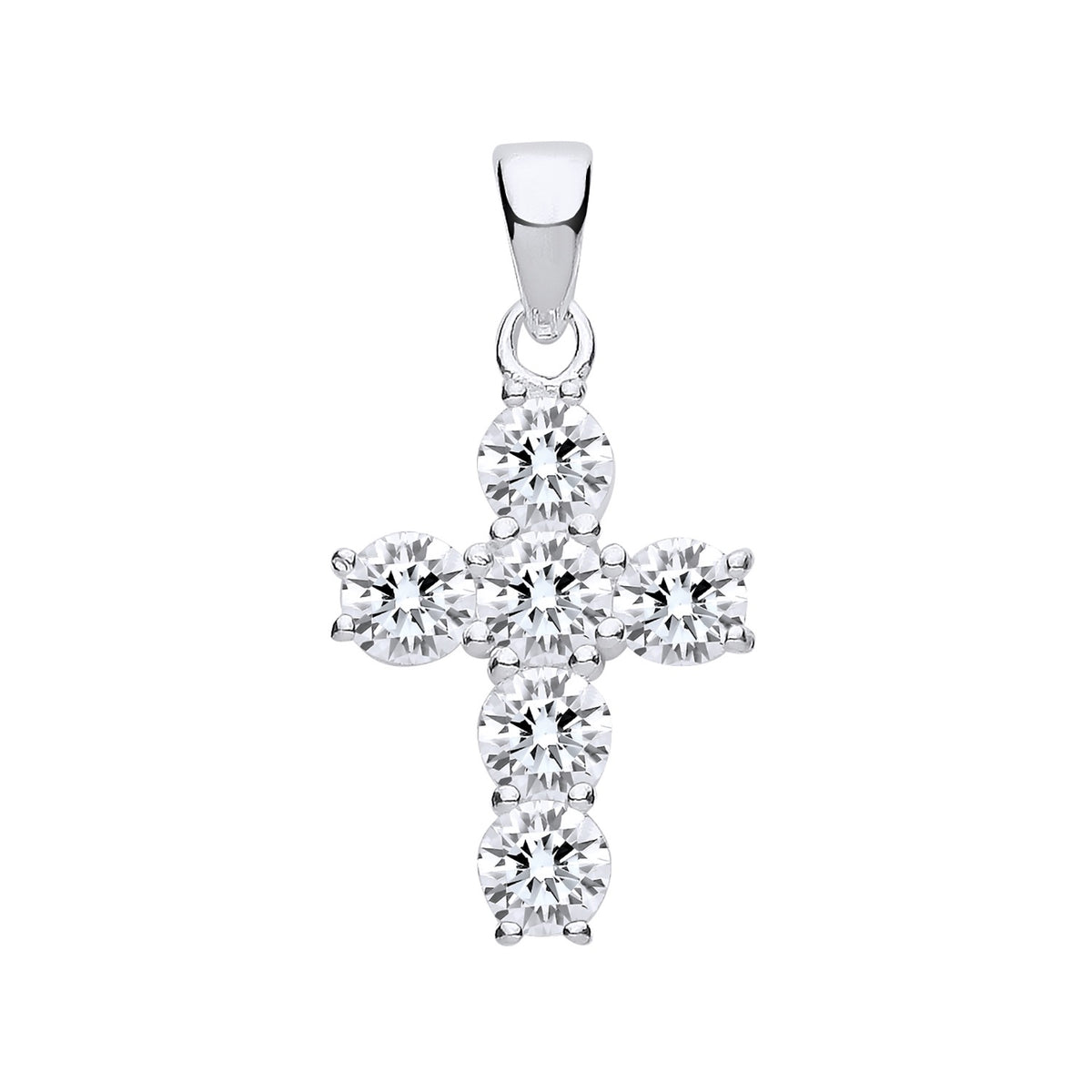 This sterling silver cross pendant has seven round cubic zirconia set in a simple, symmetrical pattern.