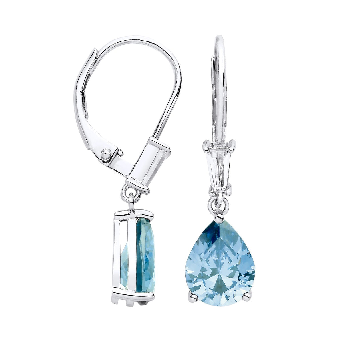 Sterling silver leverback drop earrings with simulated blue topaz, shown from both front and side angles.