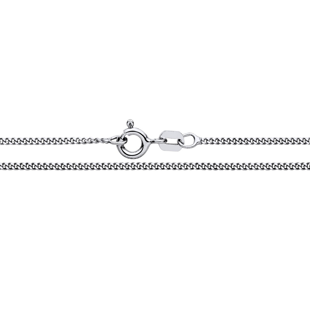 Close-up of a 1.2mm rhodium-plated silver curb chain necklace by Silversmiths, featuring a spring ring clasp.