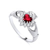 Sterling silver Claddagh ring featuring a simulated ruby heart and cubic zirconia accents.