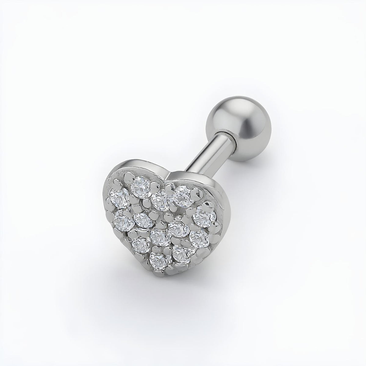 Silversmiths sterling silver helix stud earring with cubic zirconia heart and 6mm bar.