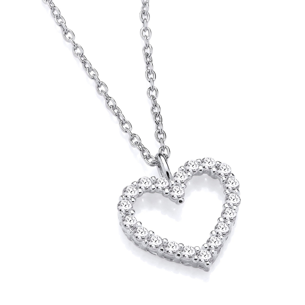 Silversmiths sterling silver necklace featuring an open heart pendant set with clear cubic zirconia stones.