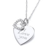 Sterling silver necklace with a cubic zirconia heart charm engraved with “I Love You” on a delicate chain.