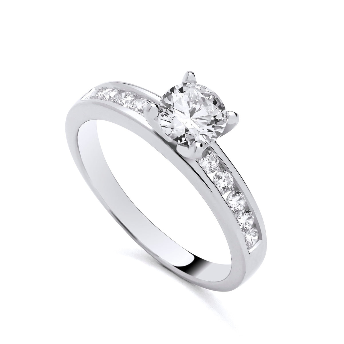 Silversmiths sterling silver ring featuring a cubic zirconia solitaire and channel-set accent stones.