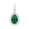 Sterling silver teardrop pendant with a simulated emerald and a cluster of cubic zirconia accents.