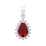 Silver pendant with a teardrop-shaped simulated ruby and clustered cubic zirconia accents in a silver setting.