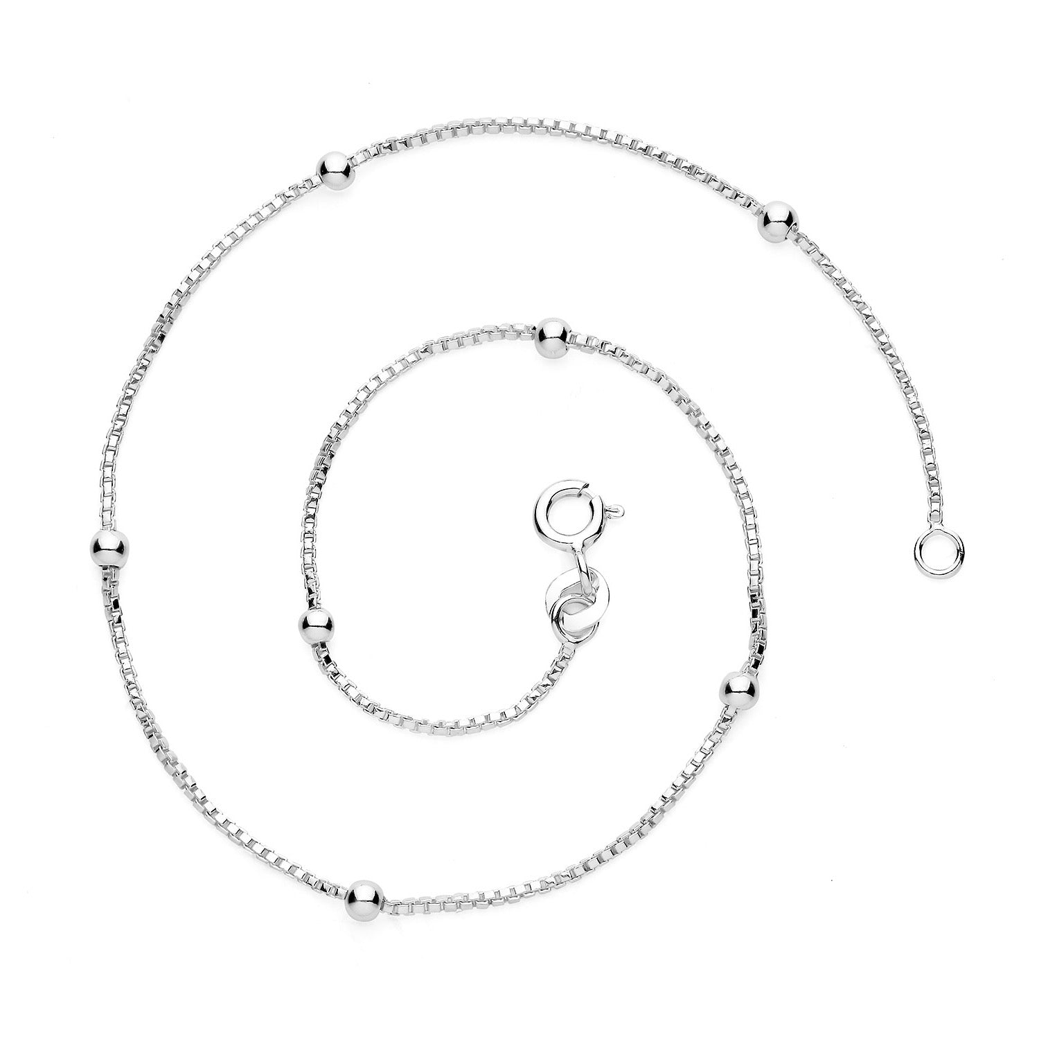Sterling Silver Beaded Box Chain Anklet