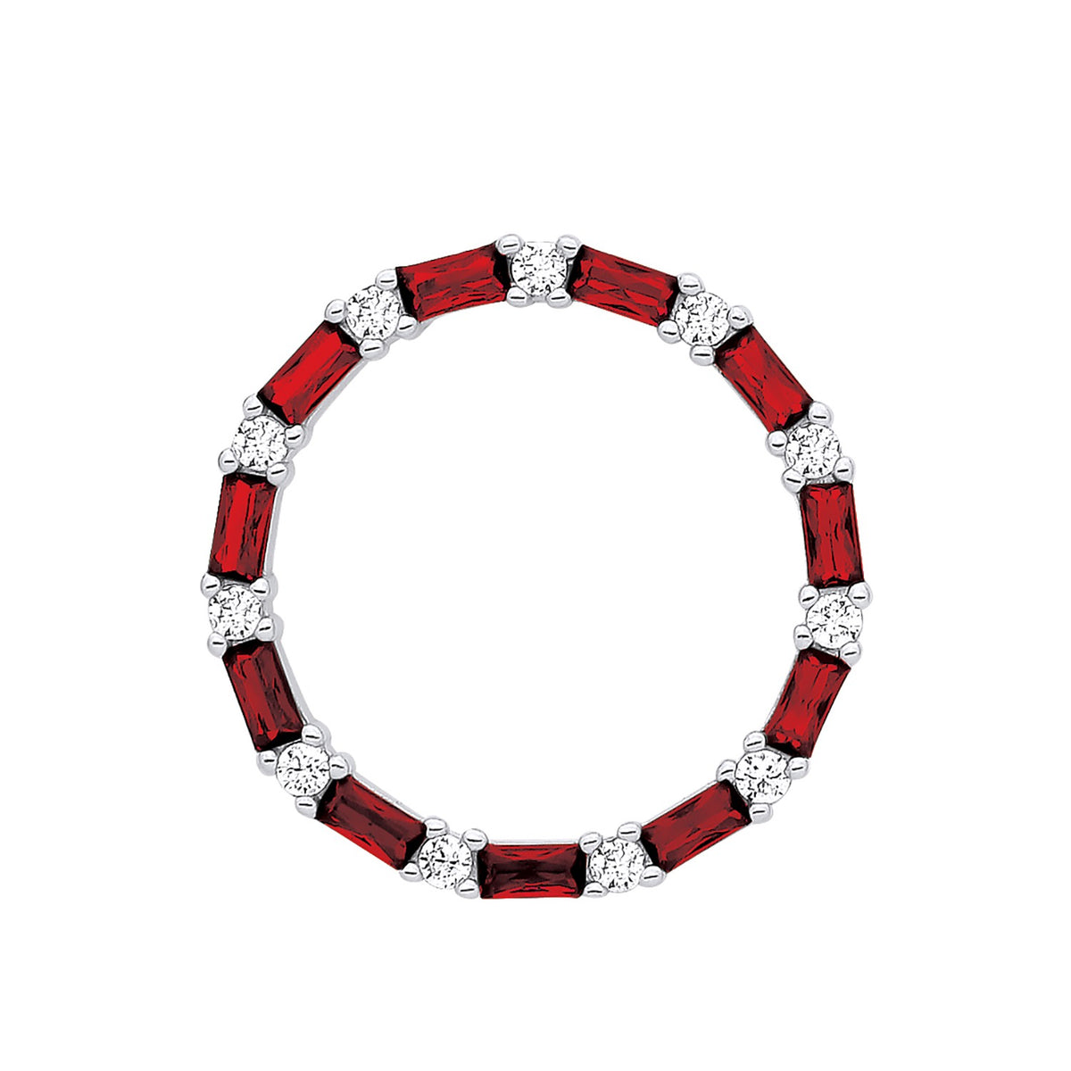 Sterling silver circle pendant with simulated ruby and zirconia baguettes by Silversmiths.