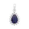 Sterling silver teardrop pendant featuring simulated sapphire and CZ stones in a halo design.