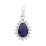 Sterling silver teardrop pendant featuring simulated sapphire and CZ stones in a halo design.
