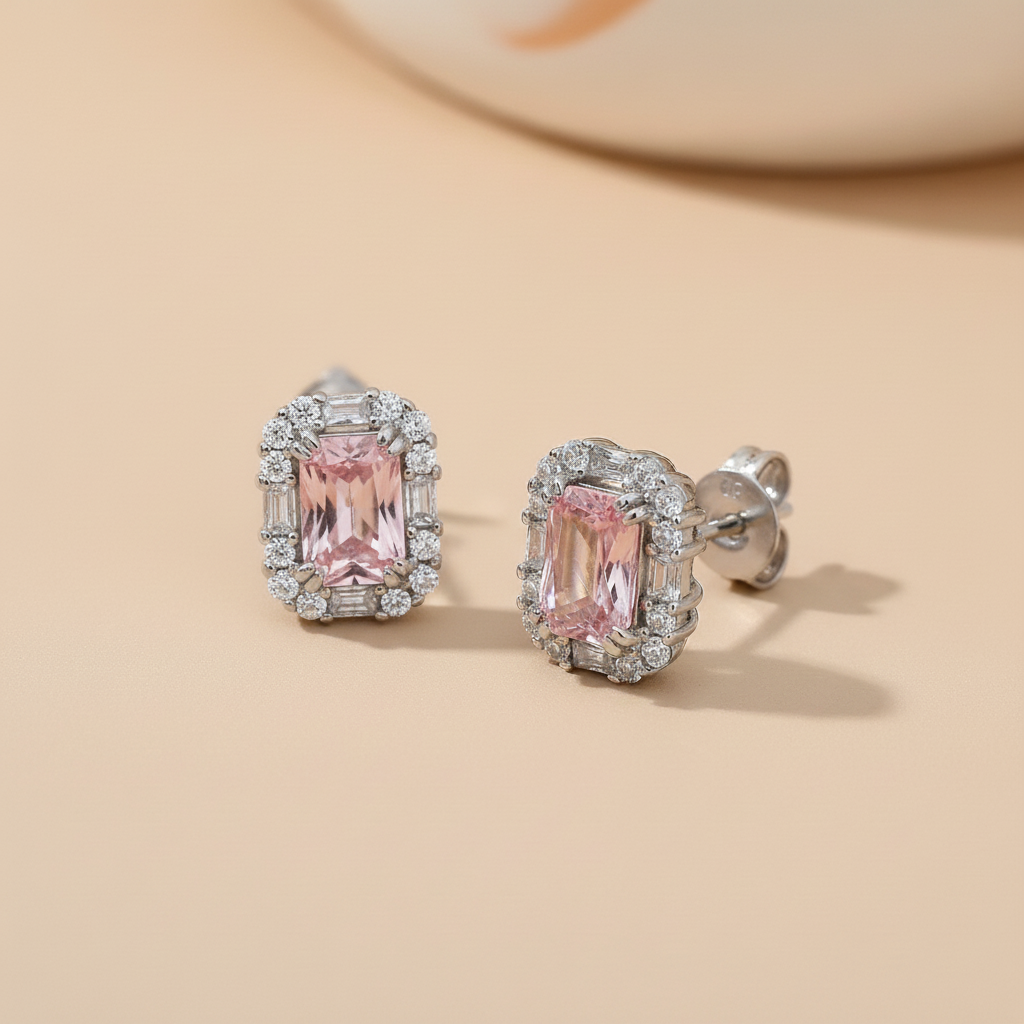 Sterling silver stud earrings with simulated pink sapphire centers and a surrounding halo design.