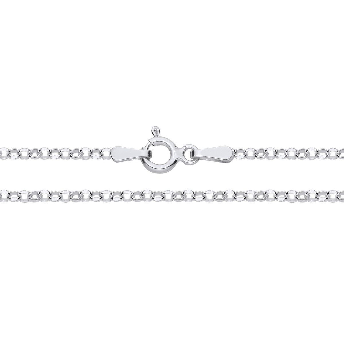 A close-up of a 2mm sterling silver diamond-cut belcher chain necklace with round links and a spring ring clasp.