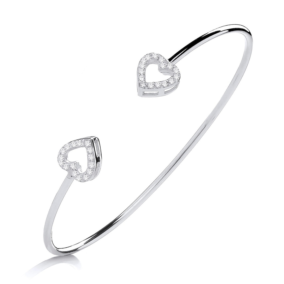 Sterling silver bangle by Silversmiths featuring cubic zirconia heart motifs in a simple, polished design.