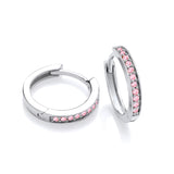 Silversmiths sterling silver huggie hoops with pink cubic zirconia on the outer edge; one earring shown open.