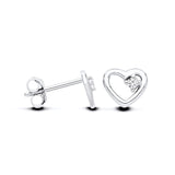 A pair of Silversmiths sterling silver stud earrings with 8mm cubic zirconia in open heart shapes on a white background.