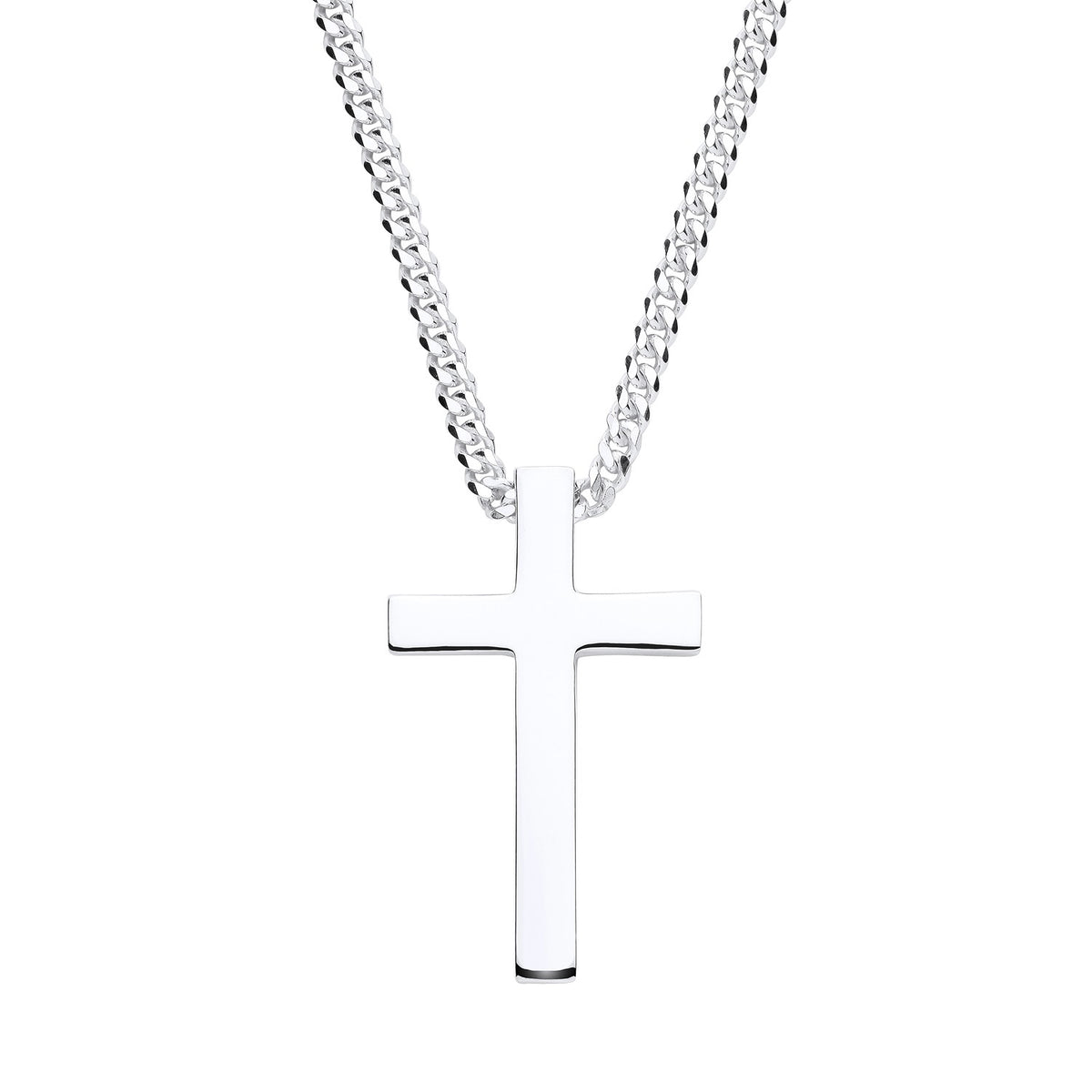 Sterling silver heavyweight cross pendant necklace with polished finish and a 24″ chain.