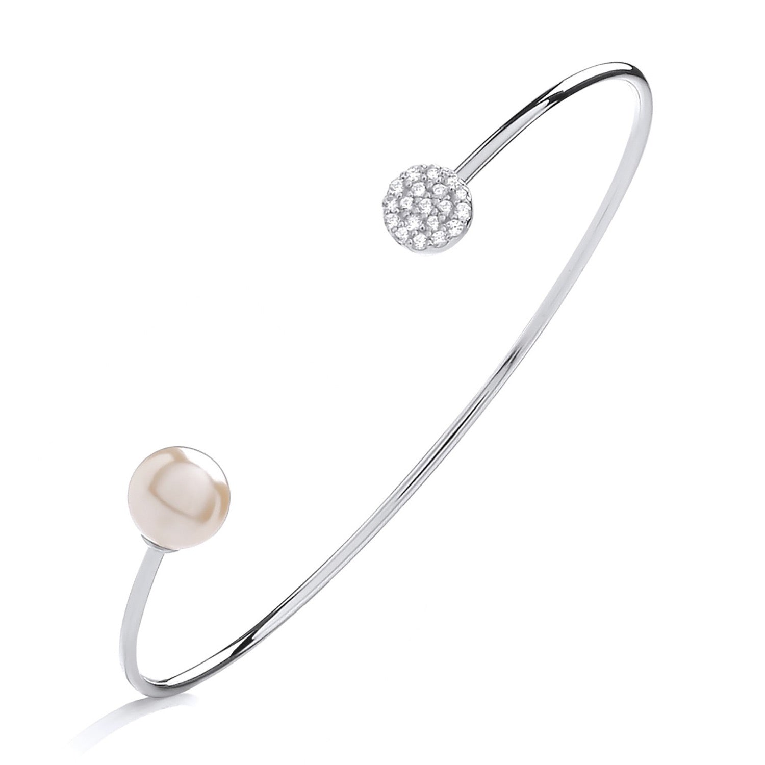 Sterling Silver Ladies Bangle With Pearl & Cubic Zirconia