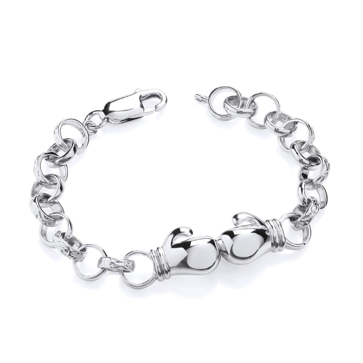 A Silversmiths sterling silver child’s boxing glove bracelet with two charms, shown on a white background.