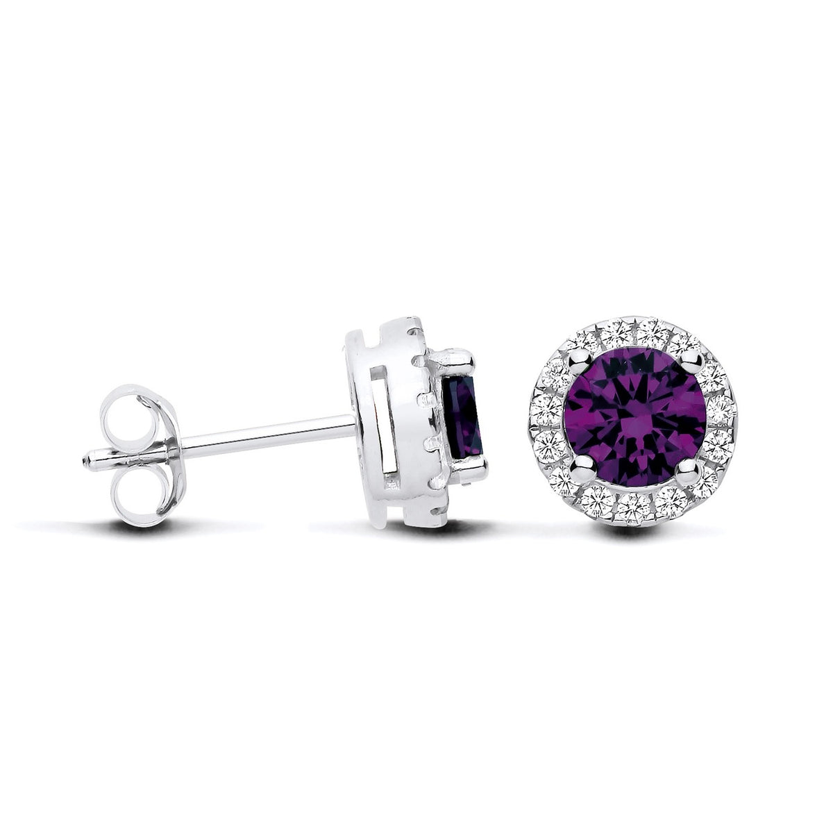 Sterling silver stud earrings with round simulated amethyst centers and clear cubic zirconia halo accents.