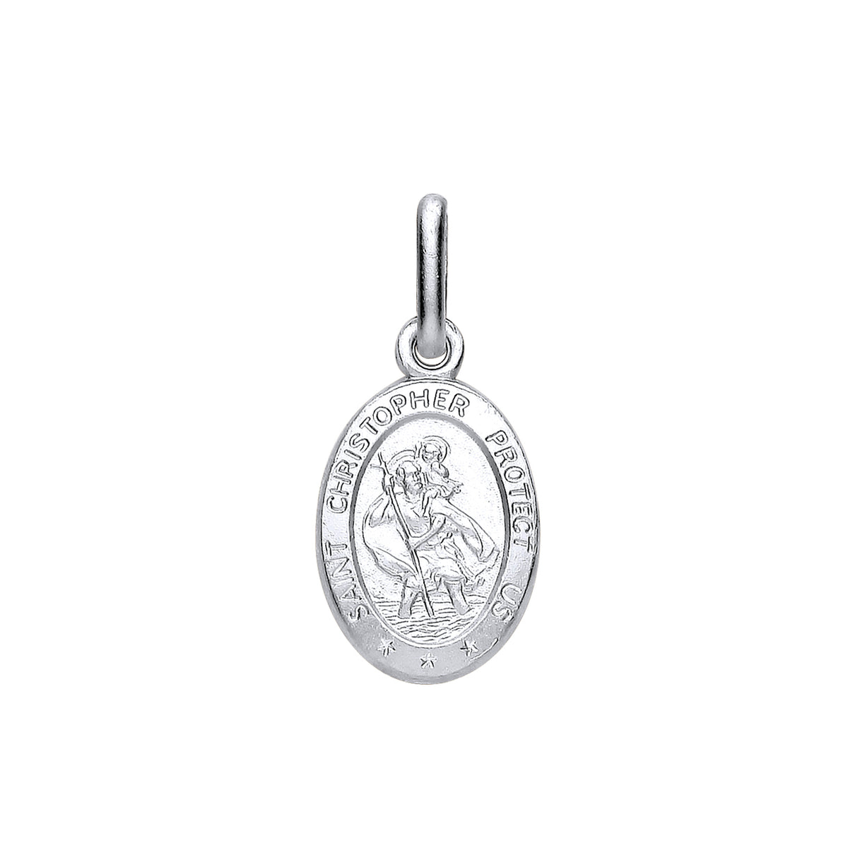 Sterling silver 20mm oval St. Christopher pendant engraved with “Saint Christopher Protect Us.”.