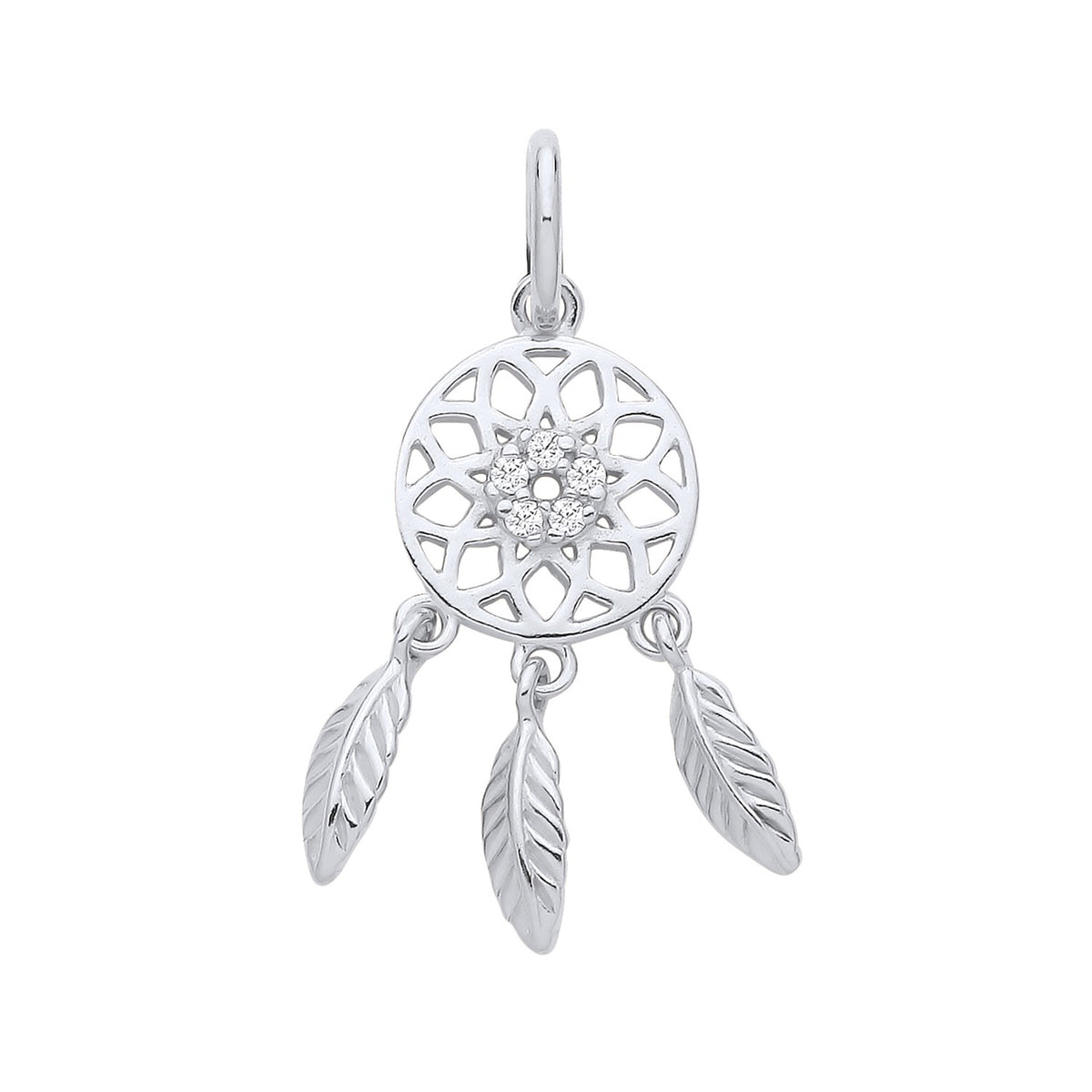 Sterling silver dreamcatcher pendant with cubic zirconia, three feather charms, and floral boho details.