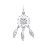 Sterling silver dreamcatcher pendant with cubic zirconia, three feather charms, and floral boho details.