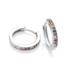 Sterling silver huggie hoop earrings with multicolored cubic zirconia stones on a white background.