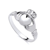 Sterling silver Claddagh ring features two hands holding a crowned heart, crafted by Silversmiths.