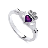 Sterling silver Claddagh ring featuring a heart-shaped simulated amethyst with crown and hands detailing.