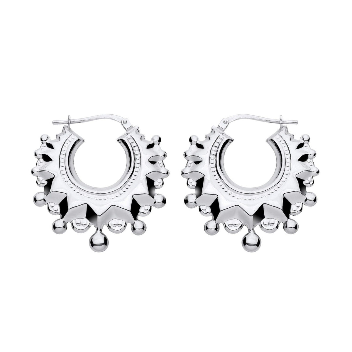 Sterling silver Gypsy Creole spiked hoops, 28.4mm, with bead accents and a minimalist design.