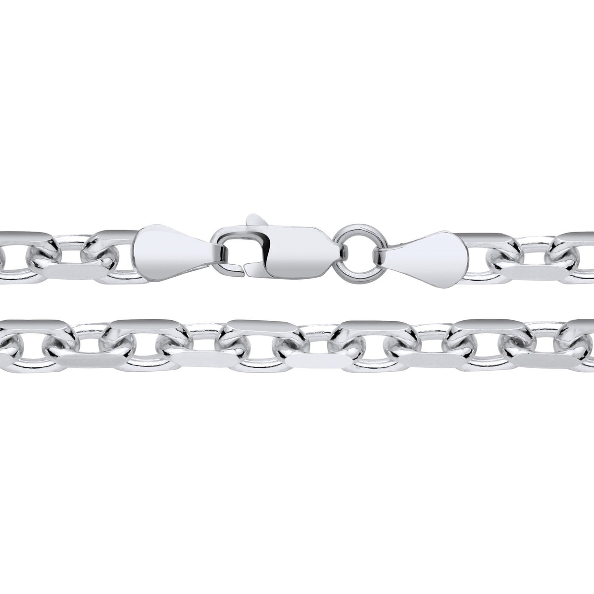A 4.5mm sterling silver diamond cut belcher chain with lobster clasp is shown close-up on a white background.