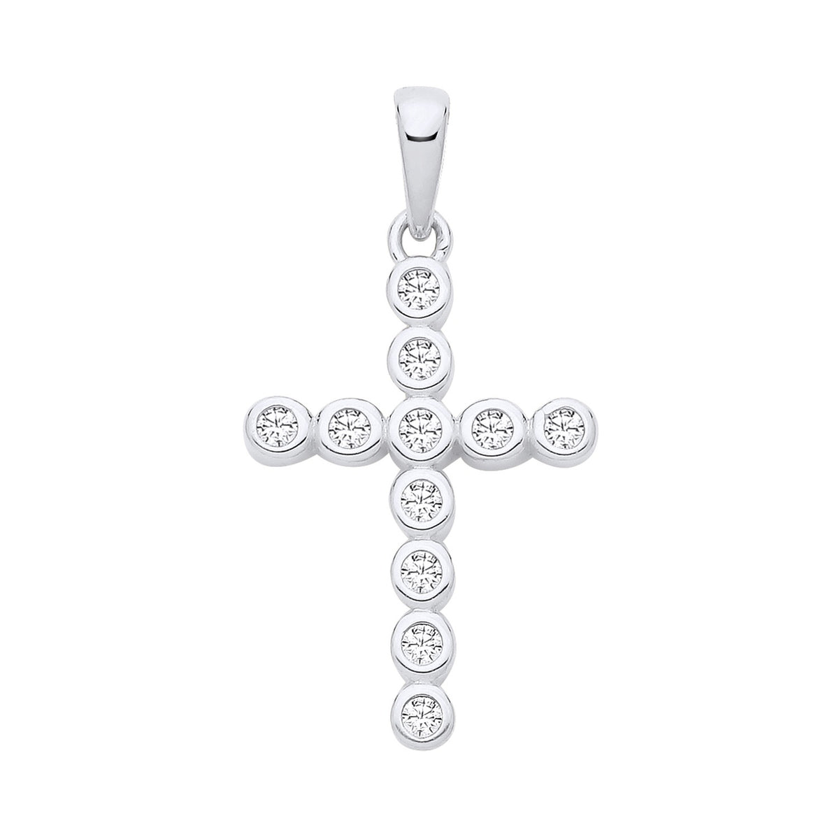 Sterling silver cross pendant by Silversmiths featuring 11 round cubic zirconia stones in a classic design.