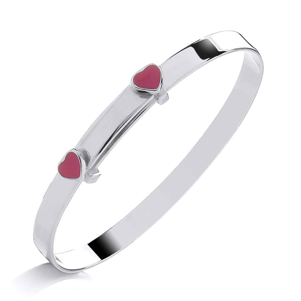 Sterling silver expanding baby bangle with pink enamel heart, heart charms, and a simple bar on a white background.