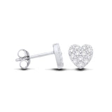 Silversmiths sterling silver heart stud earrings with pavé cubic zirconia, front and side views on white background.